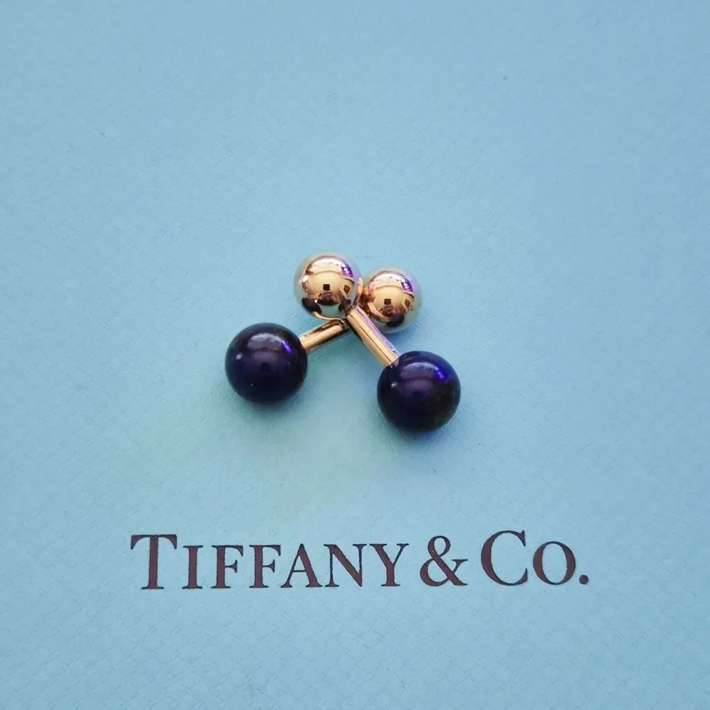 RARE Vintage Tiffany & Co 14k Yellow Gold Barbell Cufflinks with Lapis Lazuli